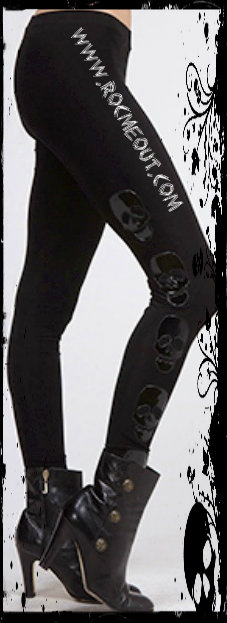 Leggings with 5 embellished patent leather skulls on the side of each leg from mid thigh down. 