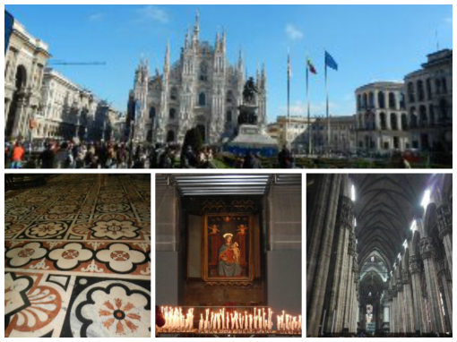 (top)-The Duomo Cathedral (bottom left)- Intricate stone flooring inside of The Duomo (bottom middle)- Candle lighting are for prayer (bottom right)- Unbelievable columns all around the inside of The Duomo