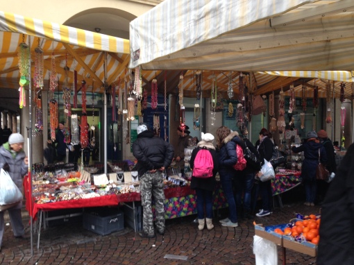 Saturday street market in Cremona, Italy. Jewelry booth. 