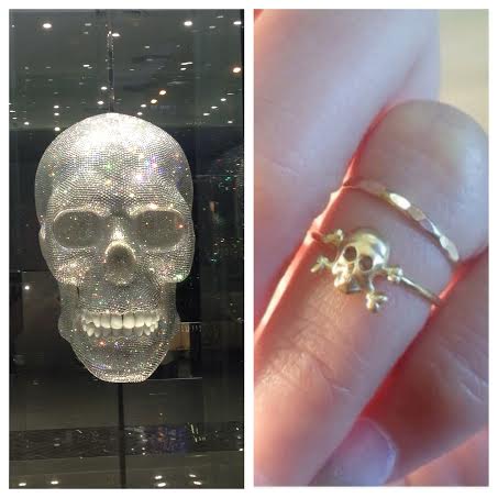 Left: Sparkling skull head in a Barcelona store front. Right: Roc Me Out's handmade skull and crossbones midi ring in real gold. 