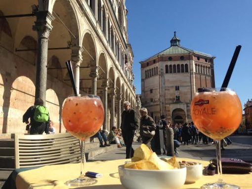 Passion fruit cocktails on a sunny day in Cremona, Italy's center